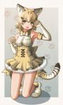 1girl :o animal_ears bare_shoulders belt blonde_hair bow bowtie buttons cat_ears cat_tail commentary elbow_gloves extra_ears full_body gloves gon8_(rm1124) high-waist_skirt highres kemono_friends looking_at_viewer paw_pose paw_print print_gloves print_skirt sand_cat_(kemono_friends) sand_cat_print shadow shirt skirt sleeveless sleeveless_shirt solo tail yellow_eyes 