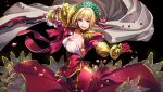  1girl black_background blonde_hair breasts cape cleavage_cutout dress eyebrows_visible_through_hair fate/extra fate_(series) flower frilled_skirt frills gauntlets green_eyes head_wreath highres holding holding_flower large_breasts looking_at_viewer nero_claudius_(fate) nero_claudius_(fate)_(all) parted_lips red_dress rose shirt simple_background skirt smile solo standing white_cape white_shirt wreath yosi135 