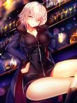  1girl ahoge alcohol blonde_hair bottle breasts chair commentary_request cup fate/grand_order fate_(series) hair_between_eyes highres holding indoors jacket jeanne_d&#039;arc_(alter)_(fate) jeanne_d&#039;arc_(fate)_(all) large_breasts legs_crossed long_sleeves looking_at_viewer miniskirt short_hair silly_(marinkomoe) sitting skirt smile solo table thighs wine wine_bottle yellow_eyes 