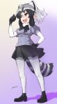  1girl :d animal_ears arm_up artist_name black_footwear black_gloves black_hair black_neckwear black_skirt bow bowtie brown_eyes clenched_hands common_raccoon_(kemono_friends) extra_ears fang from_side fur_collar gloves gradient gradient_background grey_hair hand_on_hip highres ke-ke kemono_friends miniskirt multicolored_hair open_mouth pantyhose purple_background raccoon_ears raccoon_tail shadow short_sleeves signature skirt smile solo standing tail white_legwear 