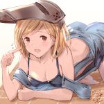  1girl 2017 all_fours bangs bare_shoulders barefoot blonde_hair blush breasts brown_eyes cleavage collarbone dated djeeta_(granblue_fantasy) eyebrows_visible_through_hair flying_sweatdrops granblue_fantasy highres looking_at_viewer mechanic_(granblue_fantasy) medium_breasts milli_little number overalls pointing pointing_at_self sketch solo swept_bangs top-down_bottom-up welding_mask white_background 