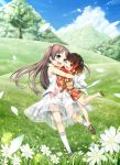  2girls :d absurdres bare_arms bare_shoulders blue_eyes blue_sky blush brown_footwear brown_hair child clouds cura daisy day dress emi_(monobeno) enty_reward eye_contact eyebrows_visible_through_hair field flower forest grass hair_ornament highres hug japanese_clothes kimono long_hair long_sleeves looking_at_another monobeno multicolored_hair multiple_girls nature no_socks obi one_eye_closed open_mouth outdoors paid_reward petals red_eyes red_kimono redhead sandals sash sawai_natsuha shoes short_hair sky sleeveless sleeveless_dress smile standing standing_on_one_leg sundress sunlight tree two-tone_hair two_side_up white_dress white_legwear yukata 