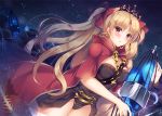  1girl :o bangs black_leotard blonde_hair blush breasts cage cape cowboy_shot dark_background dutch_angle ereshkigal_(fate/grand_order) eyebrows_visible_through_hair fate/grand_order fate_(series) holding lens_flare leotard light_particles long_hair long_sleeves looking_afar medium_breasts parted_bangs parted_lips red_cape red_eyes single_sleeve skull solo standing suzune_rena tareme thighs tiara tohsaka_rin two_side_up very_long_hair 