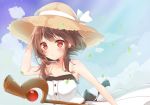  1girl blush brown_hair clouds collarbone dress eyebrows_visible_through_hair hair_between_eyes hand_on_headwear hat kono_subarashii_sekai_ni_shukufuku_wo! looking_at_viewer megumin miyu19996513 parted_lips rainbow red_eyes short_hair_with_long_locks sky sleeveless sleeveless_dress solo spaghetti_strap staff sun_hat sundress upper_body white_dress wind 