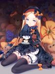  1girl :o abigail_williams_(fate/grand_order) bangs black_bow black_dress black_footwear black_hat black_legwear blonde_hair bloomers blue_eyes blush bow butterfly commentary_request cup dress fate/grand_order fate_(series) forehead full_body hair_bow hat head_tilt highres hmniao holding_saucer long_hair long_sleeves looking_at_viewer mary_janes object_hug orange_bow parted_bangs parted_lips polka_dot polka_dot_bow revision saucer shoes sitting sleeves_past_wrists solo spoon stuffed_animal stuffed_toy teacup teddy_bear thigh-highs underwear very_long_hair wariza white_bloomers 