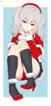  1girl bangs black_legwear blue_background blue_eyes closed_mouth dated dyxm eyebrows_visible_through_hair full_body fur-trimmed_hat fur-trimmed_sleeves fur_trim hat head_tilt high_heels highres kantai_collection kashima_(kantai_collection) kneehighs looking_at_viewer outside_border panties pantyshot pantyshot_(sitting) red_footwear red_hat red_panties santa_costume santa_hat signature silver_hair simple_background sitting smile solo two_side_up underwear white_background 
