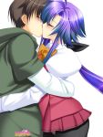  1boy 1girl amagamido black_bow black_legwear blue_hair bow brown_hair closed_eyes couple cowboy_shot hair_bow hetero highres hisano_(amagamido) hood hoodie hug kiss long_hair multicolored_hair original panties pantyhose ponytail puffy_sleeves purple_hair red_skirt school_uniform simple_background skirt underwear white_background yellow_bow 