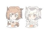  2girls bangs blade_(galaxist) brown_coat brown_eyes brown_hair coat commentary_request curry curry_rice eating eurasian_eagle_owl_(kemono_friends) eyebrows_visible_through_hair food fur_trim grey_coat kemono_friends long_sleeves looking_at_viewer multiple_girls northern_white-faced_owl_(kemono_friends) plate rice short_hair silver_hair simple_background spoon white_background 