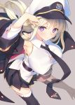  1girl armpits azur_lane bangs black_legwear blonde_hair blush breasts commentary_request enterprise_(azur_lane) from_above hat large_breasts long_hair looking_at_viewer miniskirt necktie peaked_cap pleated_skirt shirt skirt sleeveless sleeveless_shirt smile solo standing tatami_to_hinoki thigh-highs very_long_hair violet_eyes 