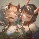  2girls artist_name biting character_name closed_eyes drooling ear ear_biting facial_tattoo fangs fate/grand_order fate_(series) horns ibaraki_douji_(fate/grand_order) multiple_girls oni oni_horns open_mouth purple_hair richard_suwono shuten_douji_(fate/grand_order) tattoo upper_body yuri 