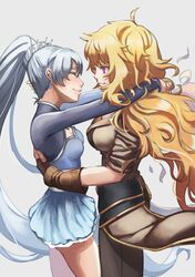  arms_around_neck blonde_hair blush breasts fingerless_gloves gloves hug large_breasts long_hair long_ponytail messy_hair ponytail rwby silver_hair smile soratobu_mame. tiara waist_hug weiss_schnee white_background yang_xiao_long yuri 