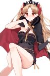  1girl bangs bare_arms bare_legs between_breasts black_cape blonde_hair blush breasts cape commentary convenient_leg crown earrings ereshkigal_(fate/grand_order) eyebrows_visible_through_hair fate/grand_order fate_(series) feet_out_of_frame hand_on_own_chest hona_(pixiv7939518) invisible_chair jewelry long_hair looking_at_viewer medium_breasts parted_bangs parted_lips red_cape red_eyes simple_background single_sleeve sitting solo spine tohsaka_rin two_side_up white_background 