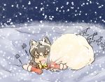  1girl a-king alternate_costume animal_ears black_hair blush bow bowtie brown_eyes buried common_raccoon_(kemono_friends) fang gloves grey_hair holding kemono_friends multicolored_hair night night_sky open_mouth outdoors raccoon_ears red_gloves sack santa_costume sky snow snowing solo sweatdrop tired yellow_neckwear 