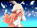  1girl bangs blue_background blunt_bangs blush buttons crotchet feathers frame fur_collar gloves gradient gradient_background gradient_hair head_wings highres japanese_crested_ibis_(kemono_friends) kappa_(moonsidekanade) kemono_friends long_sleeves looking_at_viewer multicolored_hair musical_note pleated_skirt pleated_sleeves quaver reaching_out red_gloves red_skirt redhead semiquaver skirt solo staff_(music) tail_feathers treble_clef white_hair wide_sleeves yellow_eyes 