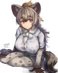  1girl :3 animal_ears animal_print bow bowtie breasts brown_eyes brown_hair buttons closed_mouth commentary_request eyebrows_visible_through_hair fur_collar fur_trim gloves hibax-fre highres hyena_ears hyena_tail kemono_friends large_breasts looking_at_viewer pantyhose pantyhose_under_shorts partially_unbuttoned pocket seiza shirt shorts signature simple_background sitting solo spots spotted_hyena_(kemono_friends) tail white_background 