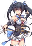  1girl :o bare_shoulders black_hair blue_ribbon breasts cleavage daiaru detached_collar detached_sleeves garter_straps hair_ribbon holding holding_sword holding_weapon long_hair looking_at_viewer medium_breasts neptune_(series) noire red_eyes ribbon skirt solo sword thigh-highs twintails weapon white_skirt 
