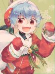  1girl bag bell blue_hair coat itomugi-kun long_sleeves looking_at_viewer mittens multicolored_hair open_mouth red_coat red_eyes red_mittens sado_(kantai_collection) santa_costume short_hair smile snowflakes solo 