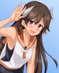  1girl :d anti_(untea9) arm_up armpits bangs bare_shoulders black_swimsuit blue_background blush brown_hair collarbone eyebrows_visible_through_hair hair_between_eyes headgear highlights i-400_(kantai_collection) kantai_collection leaning_forward long_hair looking_at_viewer multicolored_hair open_mouth orange_sailor_collar palms sailor_collar shirt simple_background sleeveless smile solo swimsuit swimsuit_under_clothes tareme upper_body violet_eyes white_shirt 