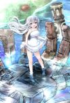  1girl :d bangs barefoot blue_eyes blush breasts day dress dress_lift frilled_dress frills halterneck highres in_palm kagitsume large_breasts long_hair looking_at_viewer mecha open_mouth original outdoors river silver_hair smile solo standing sundress very_long_hair wading water white_dress wind 