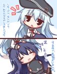  2girls 2koma =_= akatsuki_(kantai_collection) anchor bangs black_eyes black_hat black_skirt blue_hair blush brown_footwear closed_eyes comic commentary_request drooling eyebrows_visible_through_hair flat_cap hair_between_eyes hands_on_another&#039;s_head hat hat_removed headwear_removed hibiki_(kantai_collection) holding holding_hat kantai_collection komakoma_(magicaltale) lap_pillow long_hair long_sleeves lying multiple_girls neckerchief notice_lines on_back open_mouth pleated_skirt purple_hair red_neckwear saliva school_uniform serafuku shirt shoes skirt sleeping sleeves_past_wrists translation_request very_long_hair white_shirt zzz 
