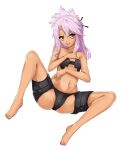  1girl :p ass bandeau bangs barefoot black_panties breasts chloe_von_einzbern collarbone fate/kaleid_liner_prisma_illya fate_(series) flugel_(kaleido_scope-710) folded_ponytail full_body hair_ornament hair_stick highres long_hair looking_at_viewer navel panties parted_bangs pink_hair simple_background sitting small_breasts solo spread_legs thigh_strap tongue tongue_out type-moon underwear white_background yellow_eyes 