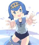  1girl :d absurdres bangs bare_arms black_swimsuit blue_eyes blue_hair blue_pants bright_pupils collarbone cowboy_shot crop_top eyebrows eyelashes facing_viewer gluteal_fold hairband highres kogen legs_apart looking_at_viewer one-piece_swimsuit open_mouth outstretched_arms pants pants_pull pokemon pokemon_(game) pokemon_sm reaching_out ribbon-trimmed_clothes ribbon-trimmed_pants ribbon_trim sailor_collar shirt short_hair sleeveless sleeveless_shirt smile solo standing suiren_(pokemon) swimsuit swimsuit_under_clothes tareme teeth trial_captain water wet white_pupils white_shirt yellow_hairband 