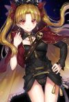  &gt;:) 1girl bangs black_background black_nails blonde_hair blush cape commentary_request earrings ereshkigal_(fate/grand_order) fate/grand_order fate_(series) hair_ribbon hand_on_hip highres jewelry kiritani846 long_hair looking_at_viewer nail_polish parted_bangs red_cape red_eyes red_ribbon ribbon skull solo tiara tohsaka_rin twintails two_side_up 