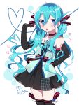  1girl artist_name blue_eyes blue_hair blush cha_sakura choker dress earrings elbow_gloves fingerless_gloves gloves hatsune_miku heart highres jewelry long_hair open_mouth solo thigh-highs twintails very_long_hair vocaloid white_background 