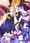  2girls abigail_williams_(fate/grand_order) bangs black_bow black_dress black_gloves black_hat black_legwear black_panties blonde_hair bloomers blue_eyes blush bow butterfly commentary_request dress dual_persona elbow_gloves eye_contact fate/grand_order fate_(series) gloves glowing hair_bow hand_on_another&#039;s_face hat hat_bow highres holding holding_stuffed_animal iroha_(shiki) kneehighs long_hair long_sleeves looking_at_another looking_at_viewer multiple_girls orange_bow pale_skin panties parted_bangs parted_lips polka_dot polka_dot_bow red_eyes revealing_clothes sleeves_past_wrists stuffed_animal stuffed_toy teddy_bear tentacle topless underwear very_long_hair white_bloomers white_hair witch_hat 