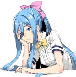  1girl aoki_hagane_no_arpeggio blue_eyes blue_hair bow h_kasei hair_between_eyes hair_bow long_hair lying military military_uniform mole mole_under_mouth naval_uniform on_stomach pink_bow ponytail simple_background solo takao_(aoki_hagane_no_arpeggio) uniform upper_body very_long_hair white_background yellow_neckwear 