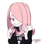  1girl alternate_costume artist_name black_nails boogy_(mnmnjuguna) clothes_writing curly_hair eyeshadow hair_over_one_eye half-closed_eyes highres index_finger_raised little_witch_academia long_hair looking_at_viewer makeup nail_polish no_nose pale_skin pink_hair single_bare_shoulder solo sparkling_daydream sucy_manbavaran upper_body violet_eyes white_background 