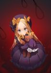  1girl abigail_williams_(fate/grand_order) bangs black_bow black_dress black_hat blonde_hair blue_eyes blush bow butterfly closed_mouth commentary_request dress fate/grand_order fate_(series) forehead hair_bow hat long_hair long_sleeves looking_at_viewer noose object_hug orange_bow parted_bangs polka_dot polka_dot_bow red_background sleeves_past_wrists smile_(mm-l) solo stuffed_animal stuffed_toy teddy_bear very_long_hair 