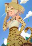  1g adjusting_eyewear animal_ears bare_shoulders belt blonde_hair blue_skirt bow bowtie cat_ears cat_tail clouds day elbow_gloves extra_ears eyebrows_visible_through_hair fang from_below glasses gloves green_eyes hand_on_hip high-waist_skirt kemono_friends margay_(kemono_friends) margay_print outdoors print_gloves print_neckwear print_skirt shirt skirt sleeveless sleeveless_shirt smile tail 