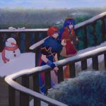 1boy 1girl armor blue_hair cape dress fire_emblem fire_emblem:_fuuin_no_tsurugi fire_emblem:_the_binding_blade fire_emblem_heroes hat intelligent_systems lijupy lilina lilina_(fire_emblem) nintendo redhead roy_(fire_emblem) smile snow