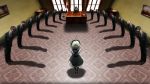  1girl 6+boys back bowing carpet curtains dangan_ronpa dress fisheye formal game_cg highres indoors japanese_flag komatsuzaki_rui maid_headdress multiple_boys new_dangan_ronpa_v3 official_art phone pinafore_dress shadow short_hair silver_hair spoilers suit sunglasses table toujou_kirumi window 