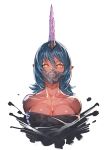  1girl bare_shoulders blue_hair bow_(bhp) breasts cleavage commentary_request cropped_torso face_mask hair_between_eyes horn large_breasts looking_at_viewer mask oni original pointy_ears red_eyes red_skin sarashi short_hair solo upper_body yellow_eyes 