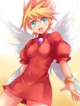  1girl angel_wings blonde_hair blue_eyes breasts breath_of_fire breath_of_fire_iii brooch covered_navel dress hairband jewelry kitayama_miuki nina_(breath_of_fire_iii) open_mouth short_hair smile solo tongue white_wings wings 