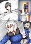  1girl 2boys ahoge arm_grab bangs black_hair black_skirt blue_shirt breasts carrying casual comic commentary door eyebrows_visible_through_hair faceless faceless_male fate/grand_order fate_(series) formal fujimaru_ritsuka_(male) fur_trim ginhaha if_they_mated indoors jeanne_d&#039;arc_(alter)_(fate) jeanne_d&#039;arc_(fate)_(all) long_sleeves medium_breasts motion_lines multiple_boys open_door peeking shirt short_hair shoulder_support silent_comic silver_hair skirt surprised under_covers yellow_eyes 