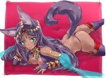 1girl animal_ears aqua_eyes ass back breasts cleavage dark_skin elbow_gloves fate/grand_order fate_(series) gloves hair_ornament highres long_hair looking_at_viewer lying on_stomach purple_hair purple_legwear queen_of_sheba_(fate/grand_order) smile solo suzuki24 tail thigh-highs 