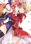  2girls ;) ahoge animal_ears black_legwear blonde_hair breasts cheek-to-cheek cleavage closed_mouth fate/extra fate_(series) fox_ears fox_tail green_eyes hand_holding highres interlocked_fingers long_hair looking_at_viewer mafu9 multiple_girls nero_claudius_(fate) nero_claudius_(fate)_(all) one_eye_closed petals pink_hair short_hair simple_background smile tail tamamo_(fate)_(all) tamamo_no_mae_(fate) thigh-highs v white_background yellow_eyes 