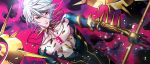  1boy armor black_bodysuit bodysuit cape closed_mouth dutch_angle fate/apocrypha fate_(series) gem green_eyes hair_between_eyes highres jewelry karna_(fate) looking_at_viewer male_focus necklace silver_hair single_earring solo spikes upper_body yosi135 