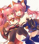  2girls animal_ears anju_(mocomocousagi) bare_shoulders bell bell_collar black_legwear blue_legwear blush breasts cat_paws cleavage collar detached_sleeves dual_persona fangs fate/grand_order fate_(series) fox_ears fox_tail gloves hair_ribbon japanese_clothes jingle_bell large_breasts long_hair looking_at_viewer multiple_girls open_mouth paw_gloves paw_shoes paws pink_hair ponytail ribbon shoes tail tamamo_(fate)_(all) tamamo_cat_(fate) tamamo_no_mae_(fate) thigh-highs yellow_eyes 