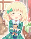  1girl :d ^_^ blonde_hair blush bow box chair child closed_eyes crying curtains eyebrows_visible_through_hair gift gift_box gochuumon_wa_usagi_desu_ka? green_eyes green_shirt green_skirt hair_bow himarisu_(hida_mari) indoors kirima_sharo long_sleeves object_hug open_mouth plaid plaid_shirt plaid_skirt rug shirt skirt smile solo sparkle stuffed_animal stuffed_toy teddy_bear television window wooden_floor younger 