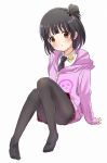  bad_hand black_hair black_legwear black_neckwear blush brown_eyes hood hooded_jacket idolmaster idolmaster_million_live! jacket looking_at_viewer mini39mame nakatani_iku pink_jacket pins red_skirt short_hair short_ponytail side_ponytail sitting skirt zipper 