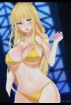  1girl absurdres alternate_hairstyle arm_at_side artist_name bangs bare_arms bare_shoulders bikini blonde_hair blue_eyes blurry blurry_background blush breasts cleavage collarbone cowboy_shot darkness_(konosuba) depth_of_field erect_nipples eyebrows_visible_through_hair gaston18 hair_down hand_up highres holding indoors kono_subarashii_sekai_ni_shukufuku_wo! large_breasts lips long_hair looking_at_viewer navel open_mouth soap standing strap_gap swimsuit tsurime under_boob very_long_hair window yellow_bikini 