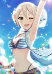  1girl :d arm_up armpits bead_necklace beads belt bikini bikini_top bird breasts choker cleavage cutoffs denim denim_shorts earrings eyebrows_visible_through_hair flower front-tie_bikini front-tie_top grey_hair hair_flower hair_ornament happy hood hoodie idolmaster idolmaster_cinderella_girls jewelry looking_at_viewer medium_breasts necklace one_eye_closed open_mouth shiomi_shuuko short_hair short_shorts shorts sleeveless sleeveless_hoodie smile solo striped striped_bikini sun sunlight swimsuit tong1494 