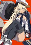  1girl absurdres ankle_boots azur_lane black_gloves black_legwear blonde_hair blue_eyes blue_jacket blue_neckwear blush boots cannon character_request closed_mouth eyebrows_visible_through_hair fingerless_gloves gloves hair_between_eyes hat headgear highres invisible_chair jacket jacket_on_shoulders legs_crossed long_hair long_sleeves looking_at_viewer machinery military military_hat military_uniform naval_uniform necktie panties peaked_cap red_background simple_background sitting solo sweatdrop thigh-highs underwear uniform v-shaped_eyebrows very_long_hair westxost_(68monkey) white_hat white_panties 