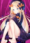  1girl abigail_williams_(fate/grand_order) bangs bare_legs barefoot black_bow black_dress black_hat blonde_hair blue_eyes blush bow butterfly closed_mouth dress eyebrows_visible_through_hair fate/grand_order fate_(series) forehead hair_bow hat highres holding holding_stuffed_animal long_hair long_sleeves looking_at_viewer orange_bow parted_bangs polka_dot polka_dot_bow sleeves_past_wrists solo stuffed_animal stuffed_toy tamakinoki teddy_bear very_long_hair 
