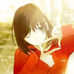  1girl blurry blurry_background brown_eyes brown_hair closed_mouth commentary_request depth_of_field finger_frame hair_ornament hairclip head_tilt highres long_sleeves looking_at_viewer loundraw one_eye_closed original red_sweater short_hair smile solo upper_body 