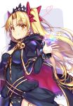  1girl bangs black_cape black_dress blush bow breasts cape closed_mouth commentary_request crystal dress ereshkigal_(fate/grand_order) eyebrows_visible_through_hair fate/grand_order fate_(series) fur-trimmed_cape fur_trim grey_background hair_bow hand_up hong_(white_spider) large_breasts long_hair long_sleeves looking_at_viewer purple_bow skull smile solo tiara tohsaka_rin twintails two-tone_background very_long_hair white_background 